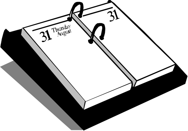 The black and white illustration shows a calendar with two open pages displaying dates: "31" on top of it is crossed out by an 'X' indicating that this date has passed; below it, there appears to be another page showing only numbers without any visible text or markings.