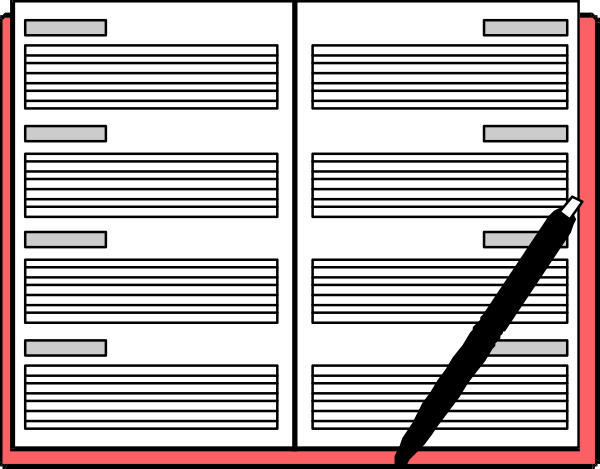 The image shows a black and white illustration of an open book with pages visible on both sides, placed inside what appears to be a wooden frame that is slightly tilted forward at one end; there's also a pencil lying across two adjacent page edges in front of it.