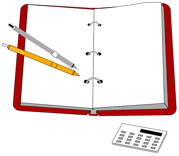 The image shows an open notebook with a pen on top of it next to some paperwork that includes what appears to be financial documents such as receipts and invoices, along with mathematical calculations involving addition and subtraction using pencil marks in red ink.
