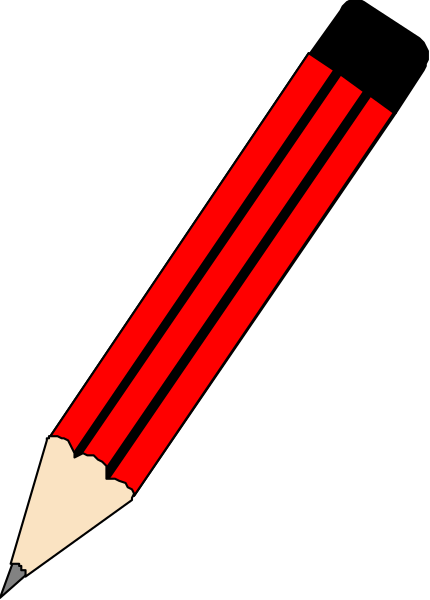 The image shows a red pencil with an eraser on top of it placed over black background that has white stripes resembling notebook paper.