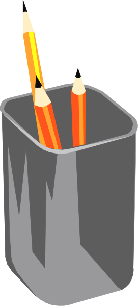 The image shows a pencil holder with three colored pencils inside it placed on top of what appears to be an ice cream cone-shaped object that is gray in color.