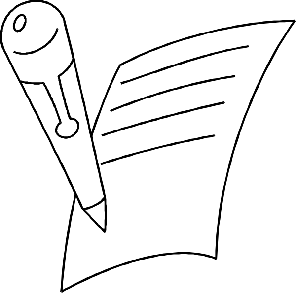 The black and white illustration shows a pen with ink on top of paper that has been signed by it; there is no text present in this image.