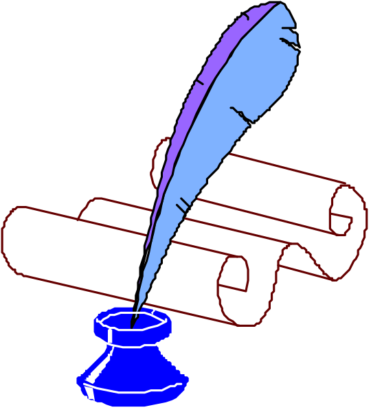 The image shows a pen with an ink cartridge on top of scrolls that resemble old parchment rolls tied together by string.