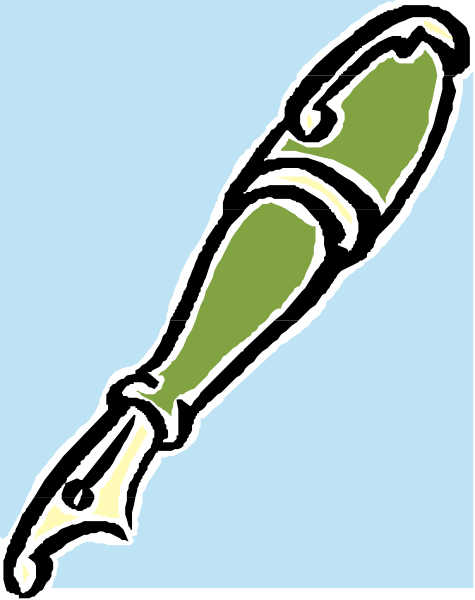 The image shows a green pen with an ink cartridge on top of it against a blue background.