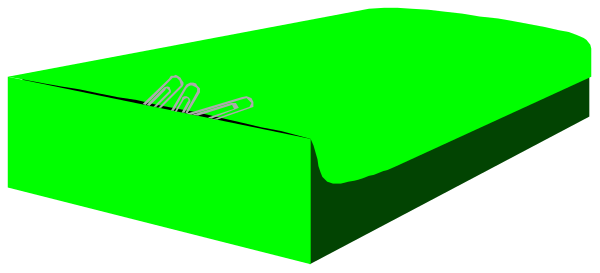 The image shows a green pixelated representation of an object that resembles a bed with white sheets on it against a gray background.