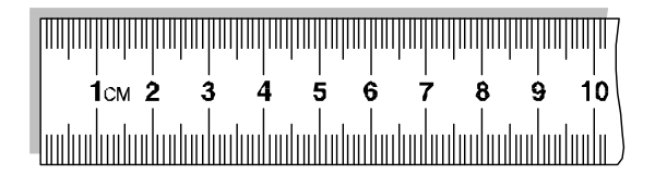 The image shows a ruler with measurements on it placed against an object that appears to be a piece of paper or fabric measuring 10 centimeters in length. There is also text at one end indicating "cm" for centimeter, and numbers along its edge from zero through ten representing the measurement increments. Additionally, there are two lines drawn parallel with each other on either side of the ruler's center line that intersect where it reads 5 cm marking a specific point or object being measured by this tool. The background is neutral in color and does not provide any additional