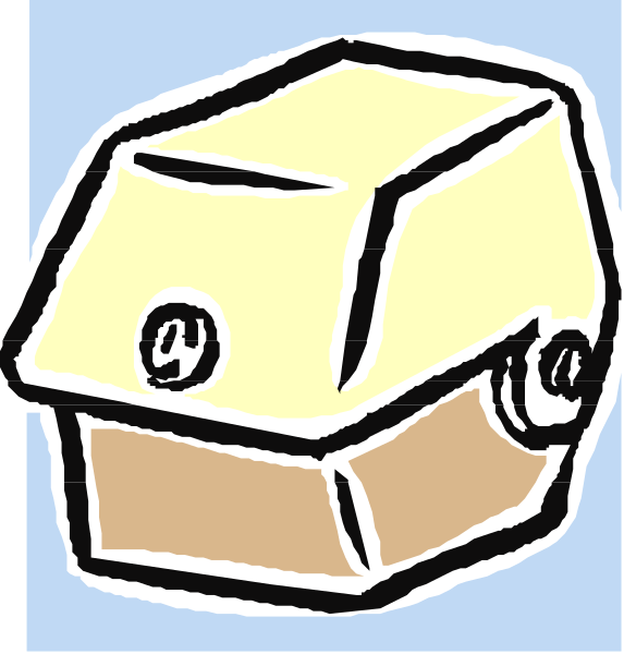 The image shows a cartoon of an open cardboard box with two pieces missing from it on top against a blue background.