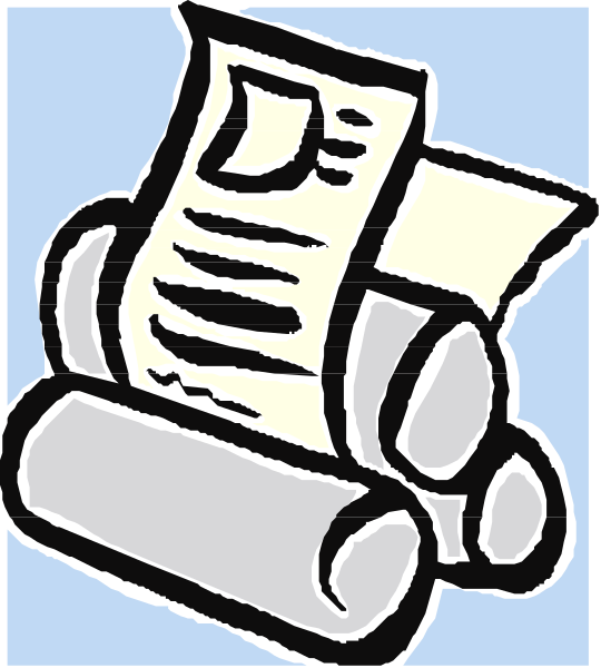 The image shows a black and white cartoon of an open book with papers sticking out from it on top of what appears to be a roller skate.