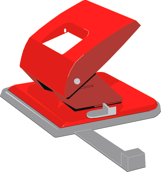 The illustration shows a red stapler with its top open on an orange base next to it is another object that appears similar but smaller in size; both have white hinges at their ends where one can close and reopen them, suggesting these objects may be related or used for the same purpose.