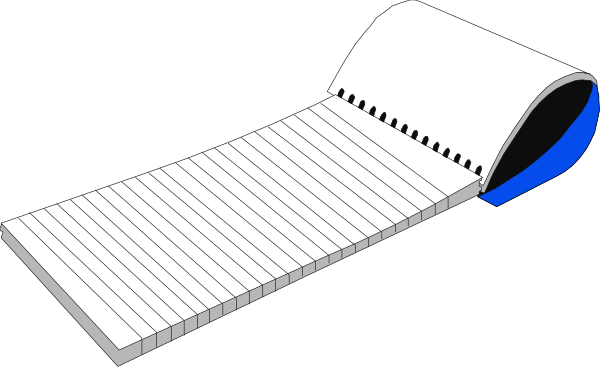 The image shows a black and white illustration of an open book with blank pages on top lying next to what appears to be a blue pen resting in its cap.