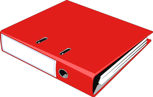 The image shows a red binder with two holes on its left side placed next to an open book that is also red in color but has white pages inside it.