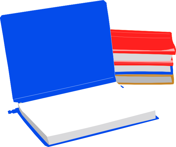 The image shows a laptop computer with its screen open to display three books stacked on top of each other; these books have colorful spines in red, white, blue, yellow, green, orange, pink and purple hues respectively.