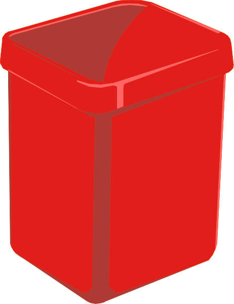 The image shows a red plastic trash can with an open lid against a plain background.