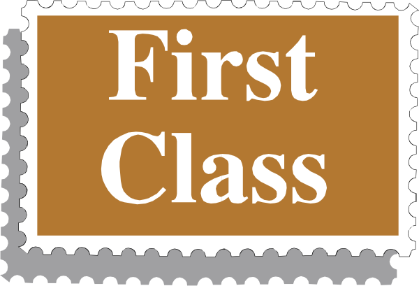 The image shows a postage stamp with text that reads "FIRST CLASS" on it against an orange background at top right corner of the photo.