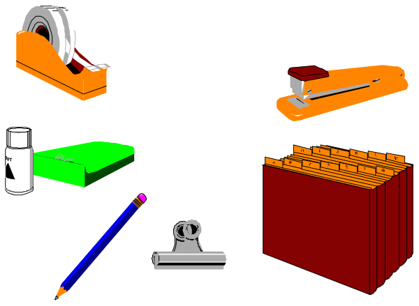 The image shows a collection of office supplies including scissors, stapler, ruler, pencil sharpener, paper clips, tape dispenser, hole punch, push pin board with tacks and erasers on it, clipboard, pens in various colors, notepads or sticky notes.