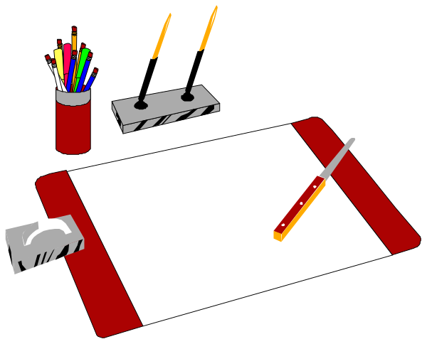 The image shows a red desk with various office supplies on it including pens, pencils, scissors, paper clips, stapler, ruler, tape dispenser, glue stick, and erasers; there is also an open sketchbook or drawing tablet in the center.