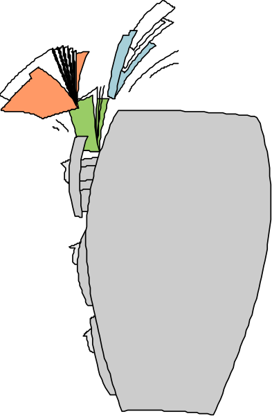 The black and white illustration shows a vase with various colorful items inside it placed on what appears to be an abstract surface against a dark background.