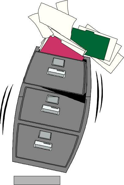 The image shows a gray filing cabinet with papers spilling out of it onto what appears to be an office desk below.