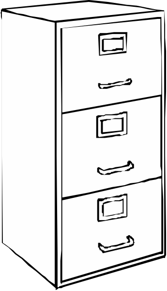 The black and white illustration shows a filing cabinet with three drawers on top of each other against a plain background.
