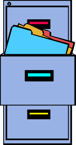 The image shows a blue filing cabinet with three drawers open to reveal colorful folders inside; it is placed against a beige wall in an office environment.