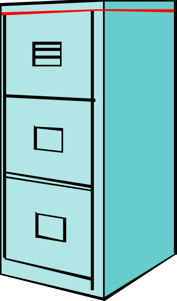The image shows a blue filing cabinet with drawers labeled A through F on top of it against an indistinct background.