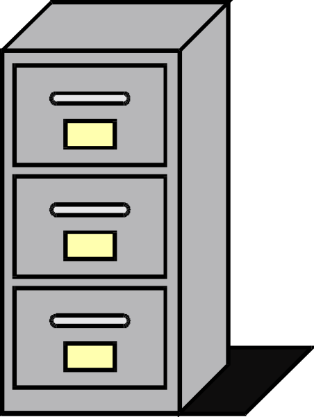 The image shows a simple line drawing of an office filing cabinet with four drawers against a dark background.