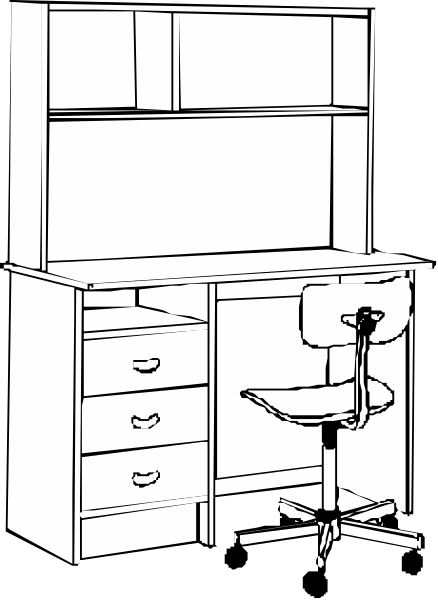 The black and white illustration shows a simple office setup with an empty desk against a dark background featuring two drawers on each side of the central workspace area where there is also a chair in front of it.