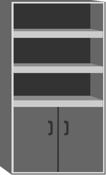 The image shows a simple line drawing of an open cabinet with two shelves inside it against a plain background.