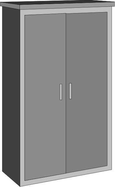 The image shows a gray cabinet with two doors against a plain background.