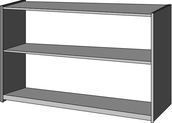 The image shows a simple black and white line drawing of an empty bookshelf with two shelves against a plain background.