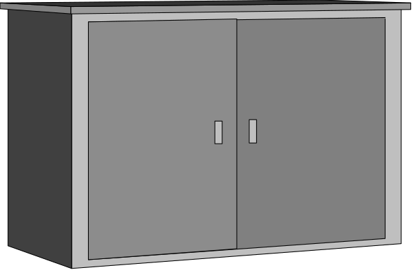 The image shows a simple gray structure that resembles an enclosed space with two visible doors on its front side; it appears to be in black-and-white due to low resolution.