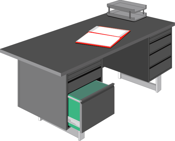 The image shows a computer desk with an open drawer on top of it against a white background.