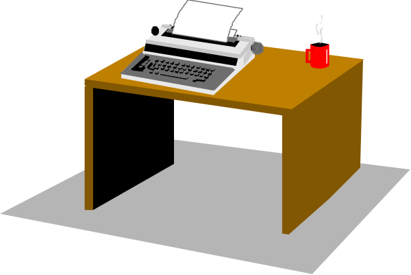 The image shows a simple computer desk with an open laptop on it next to what appears to be a red candle holder.