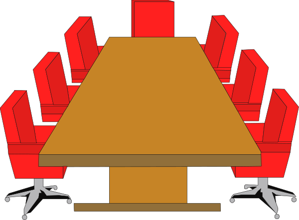 The image shows a cartoon representation of an office environment with multiple desks containing computer monitors on top, each accompanied by chairs; in front is a large conference table surrounded by red-colored desk chairs that can be rearranged into different configurations for meetings or presentations.