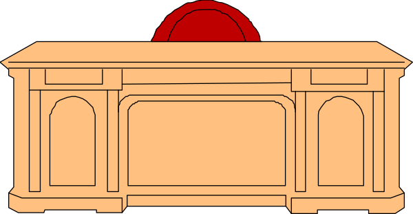 The image shows a simple line drawing of an office desk with a chair behind it against a plain background.