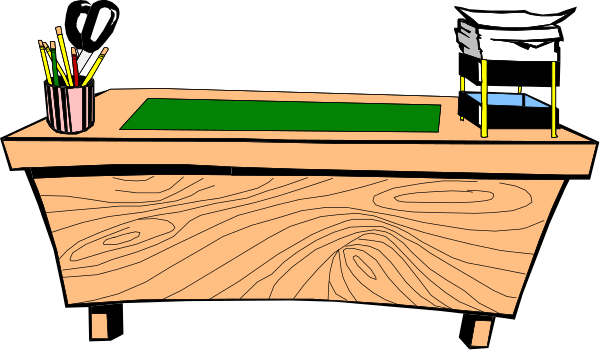 The black and white illustration shows a wooden desk with various items on it including pens, pencils, scissors, rulers, paper clips, stapler, tape dispenser, calculator, books, notepad, cup of coffee or tea, computer mouse, keyboard, monitor. There is also an office chair in front of the desk and a small plant on top left corner of the image. The background appears to be black with some white specks that could represent stars or snowflakes.
