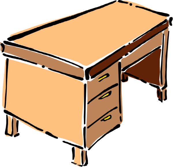 The image shows a simple line drawing of an unoccupied desk with two drawers against a plain background.