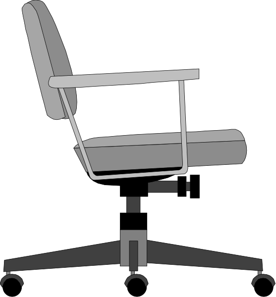 The image shows two different office chairs: a modern black chair with wheels on its base to the left side of the frame; an older-style gray desk chair in front of it that has armrests but no back, and is positioned as if ready for use or display.