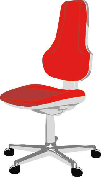 The image shows a red office chair with wheels on top of an adjustable desk against a black background.