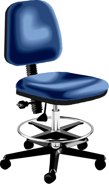 The image shows a blue office chair with wheels on top of an adjustable desk base against a neutral background.