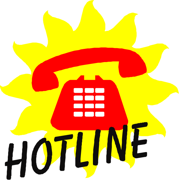 The image shows a stylized graphic with two distinct phone symbols: on top is an illustration of a sunburst-style telephone receiver in red against a yellow background; below it is another depiction, this time featuring a traditional rotary dial telephone also rendered in red and set within the same color scheme. Both images are accompanied by text that reads "HELPLINE" atop each phone symbol respectively. The style of these clip-art elements suggests they may be used for informational or promotional purposes to indicate hotline numbers, possibly related to customer service or emergency assistance services