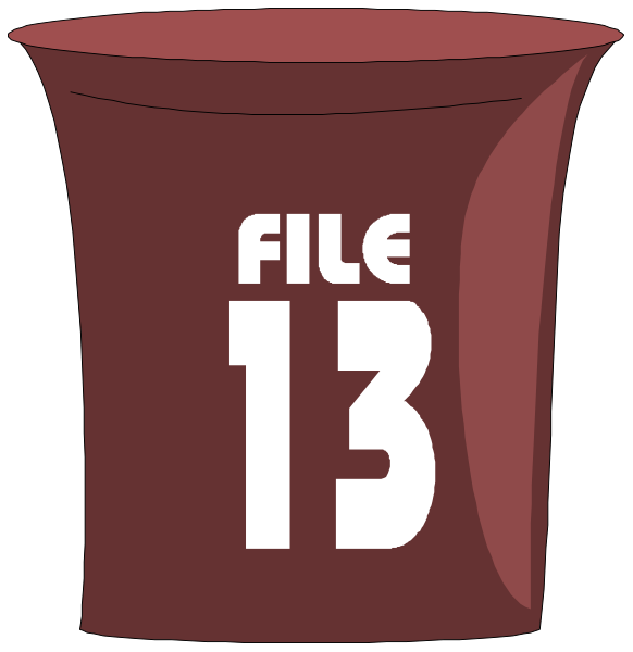 The image shows two red plastic cups with white text on them; each cup has a different number of digits: "13" is in bold font while "FILE 13" appears to be slightly smaller and less prominent, suggesting it might represent an actual file or folder name rather than the main focus. There are no other objects, people, animals, actions, or settings visible within this image; only these two cups with their respective texts on them against a black background. The style is simple clip-art graphics commonly used in digital interfaces for icons and labels to represent files or