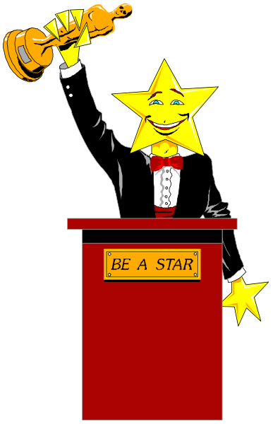 The cartoon shows a man holding an award with his left hand while standing at a podium labeled "be a star." He is wearing formal attire including a tuxedo jacket over a red shirt.
