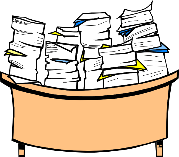 The illustration shows a cartoon of an office desk with papers scattered across it; there is no person present.
