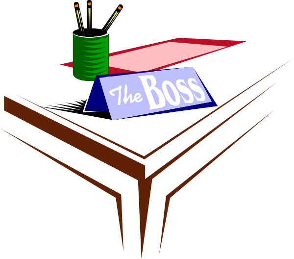 The image shows a desk with various items on it including papers, pencils, scissors, and what appears to be an ashtray in front of some paperwork that says "the boss."
