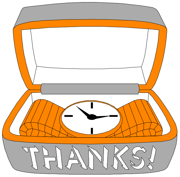 The image shows a cartoon of an open suitcase with two clocks inside it; on top is "Thanks" written in orange letters overlaying one clock face that reads 12:05, and below is another clock showing 3 o'clock. To its right stands the word 'THANKS!' above which a small cartoon character appears to be giving an enthusiastic thumbs-up gesture with both hands raised high in excitement or approval. The suitcase has orange trim around it; there are no people, animals, actions, or other objects present besides these items