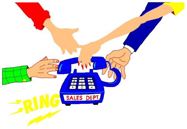 The image shows a group of cartoon characters reaching for an old rotary phone with their hands outstretched as if trying to grab it from someone on the other end who is ringing them up at work, depicted by another character in front of a sign that reads "RING".