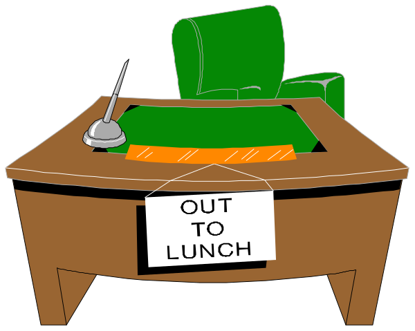 The cartoon shows a desk with two chairs on either side of it; there's an open laptop displaying "lunch out" in white text against green background atop one chair.