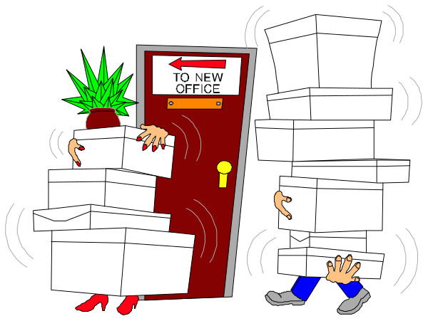 The cartoon shows a man standing behind an open door with boxes piled on top of him to his waist; he is pointing towards another figure who appears as if their head has been replaced by more stacked boxes, and this second character seems disoriented while walking through what looks like the same doorway.