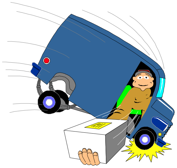 The cartoon depicts a man driving an overturned blue truck with boxes falling out of it onto his head while he is in mid-air above another box on the ground; there's no visible text, and all objects appear to be stationary except for the driver who seems to have lost control.